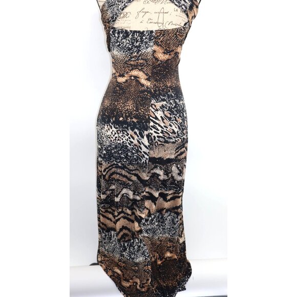 Animal Print Beaded Halter Maxi Dress Sexy Cross Back Design & Stretch Fabric - Picture 2 of 10